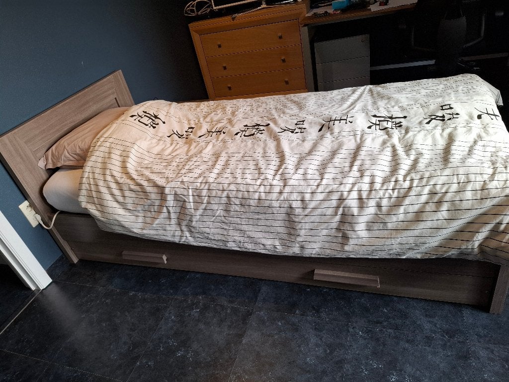 Eenpersoonsbed + lattenbodem + nachttafel + matras, 85 tot 100 cm, Gebruikt, 180 cm of meer, Ophalen
