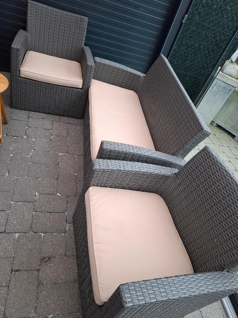 Rotan salon met tafel met glazen blad, Tuin en Terras, Ophalen, Gebruikt, Bank, Overige materialen