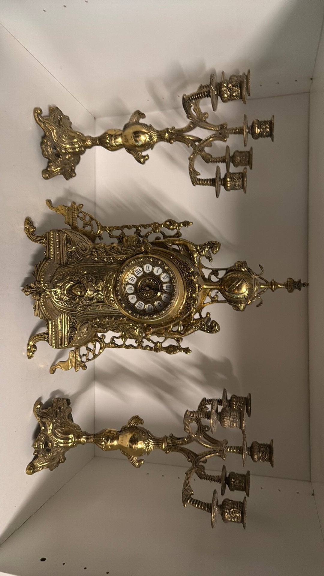 Horloge de Table et Paire de Candélabres en Bronze Doré –, Enlèvement, Comme neuf, Blanc, Bronze