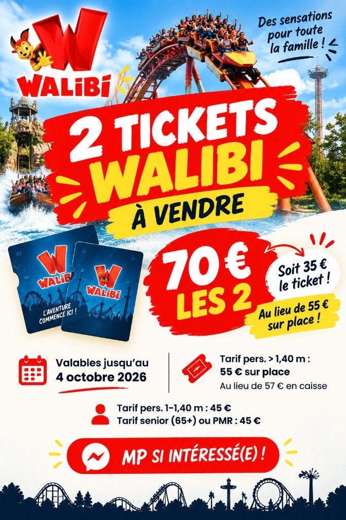 Ticket duo walibi 70€ 2 places !!!, Tickets & Billets, Deux personnes, Ticket ou Carte d'accès