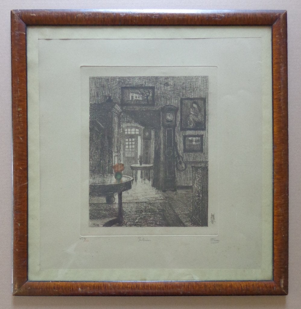 JEHAN FRISON / INTERIEUR / ZW-W ETS + AQUAREL 54x52cm KADER, Enlèvement ou Envoi, Vie quotidienne, Eau-forte, Numéroté