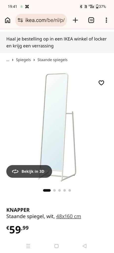 Ikea staande spiegel en kledinghanger, knapper wit 48x160cm, Ophalen