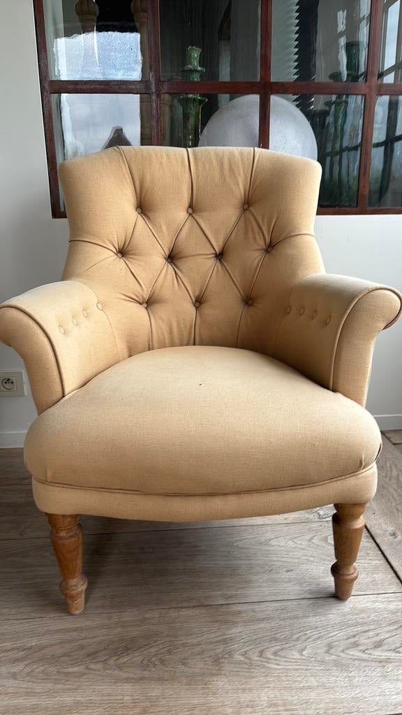 Fauteuil taupe bruin beige chester field landelijk vintage, Huis en Inrichting, Ophalen, Gebruikt, Minder dan 75 cm, Landelijk