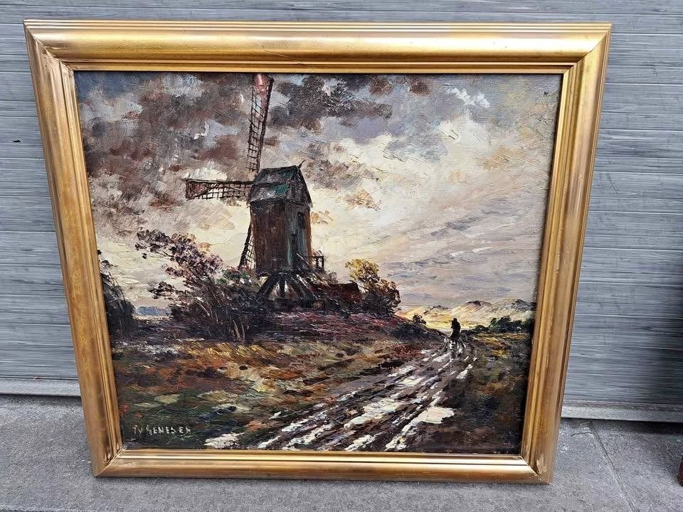 Huile sur toile paysage au moulin signe frans van genesen, Antiquités & Art, Enlèvement ou Envoi