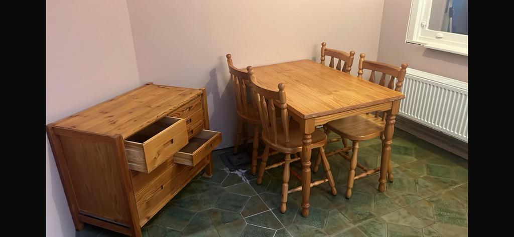 Keukentafel met 4 stoelen en ladenkast, Huis en Inrichting, Ophalen, Gebruikt, Vier personen, Rechthoekig