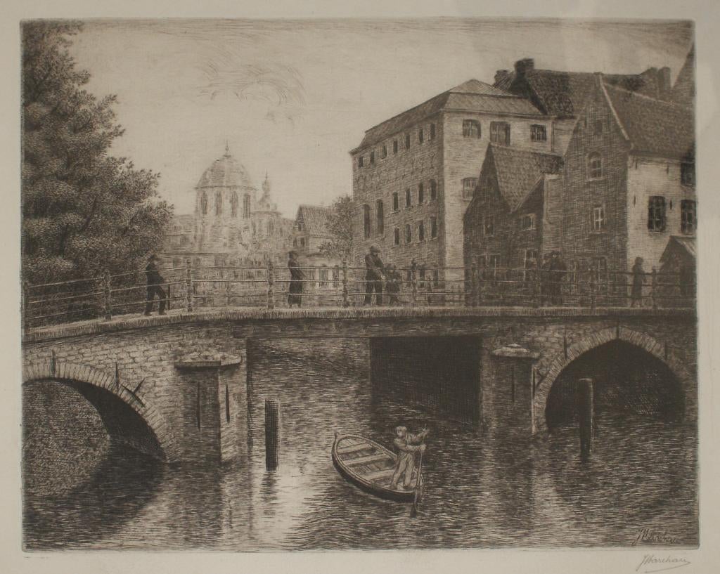 Jan Marchau (1865-1952): Mechelen (45 x 32,5 cm), Antiek en Kunst, Kunst | Etsen en Gravures, Ophalen of Verzenden