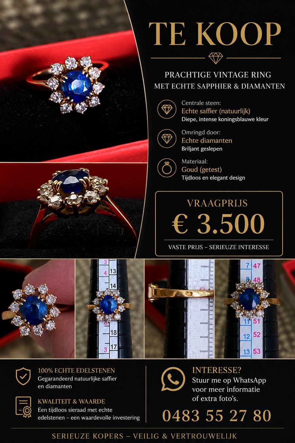 Prachtige vintage ring met echte saffhier & diamanten, Alle leeftijden, Ophalen of Verzenden, Zo goed als nieuw