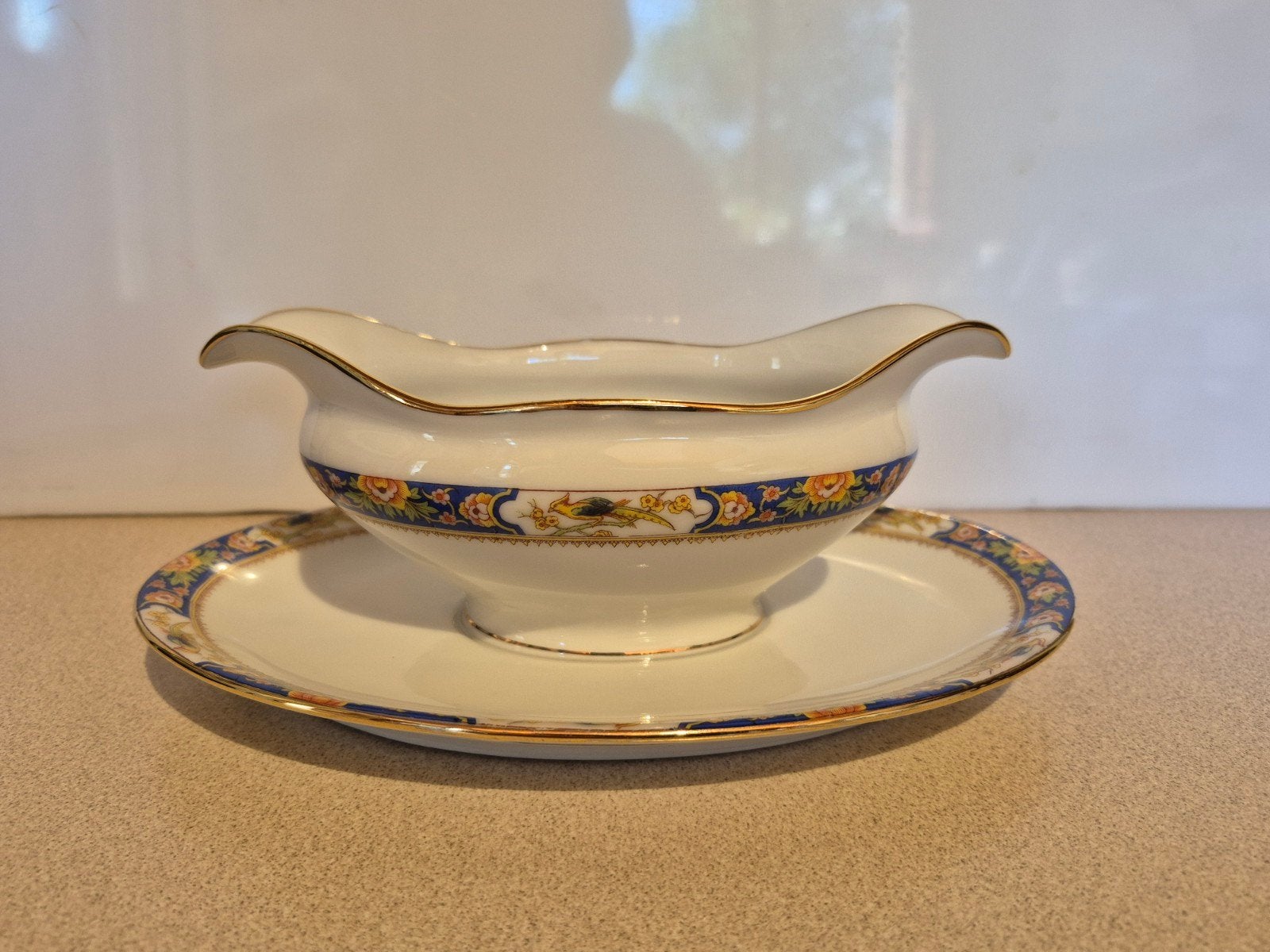 Limoges France vintage porselein sauskom op aangehecht schaa, Antiek en Kunst, Ophalen of Verzenden