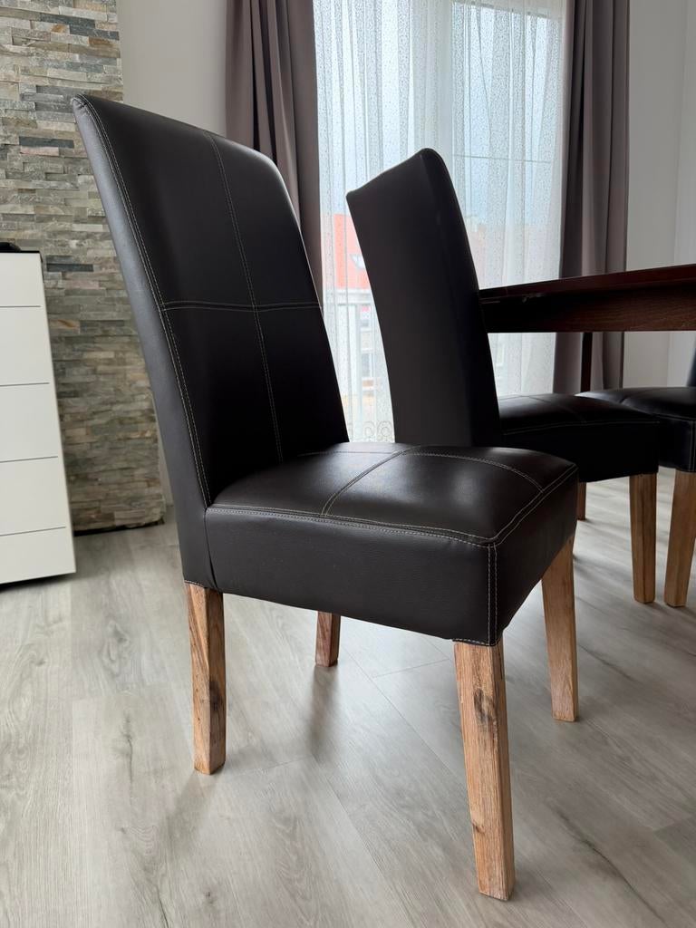 6 Lederen eetkamerstoelen - bruin, Ophalen, Gebruikt, Landelijk modern, Bruin