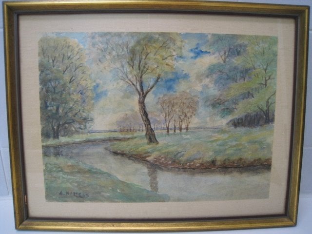 Schilderij landschap met riviertje en bomen, Enlèvement, Signé, Paysage