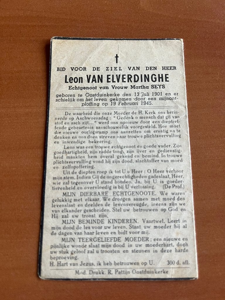 L. Vanerverdinghe  Oostduinkerke + mijnontploffing 1945, Verzamelen, Ophalen of Verzenden, Rouwkaart