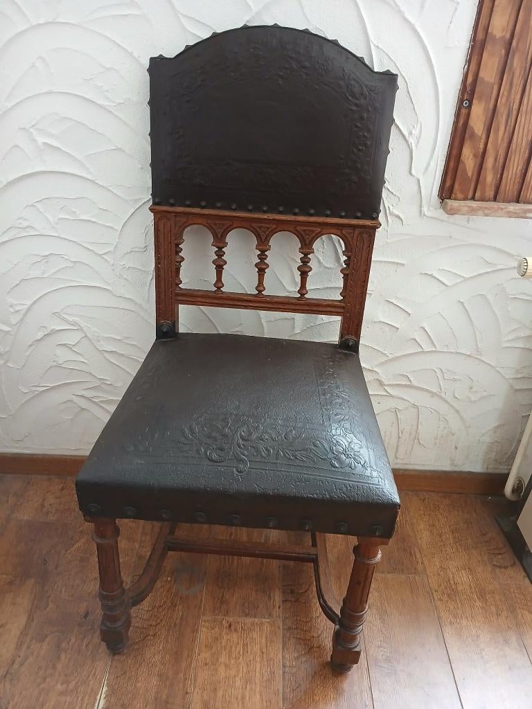 1 ancienne chaise en bois et cuir antique, Antique, Brun, Enlèvement, Utilisé