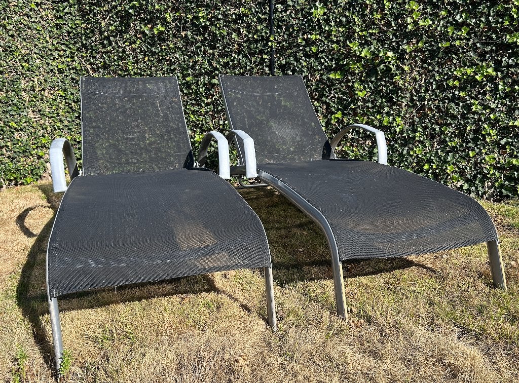Set van 2 luxe design ligbedden / tuinstoelen, Tuin en Terras, Ophalen, Gebruikt, Metaal, Verstelbaar