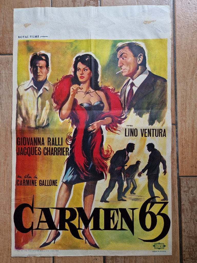 filmaffiche Lino Ventura Carmen 63 filmposter, Collections, Enlèvement ou Envoi, Rectangulaire vertical, A1 jusqu'à A3, Utilisé