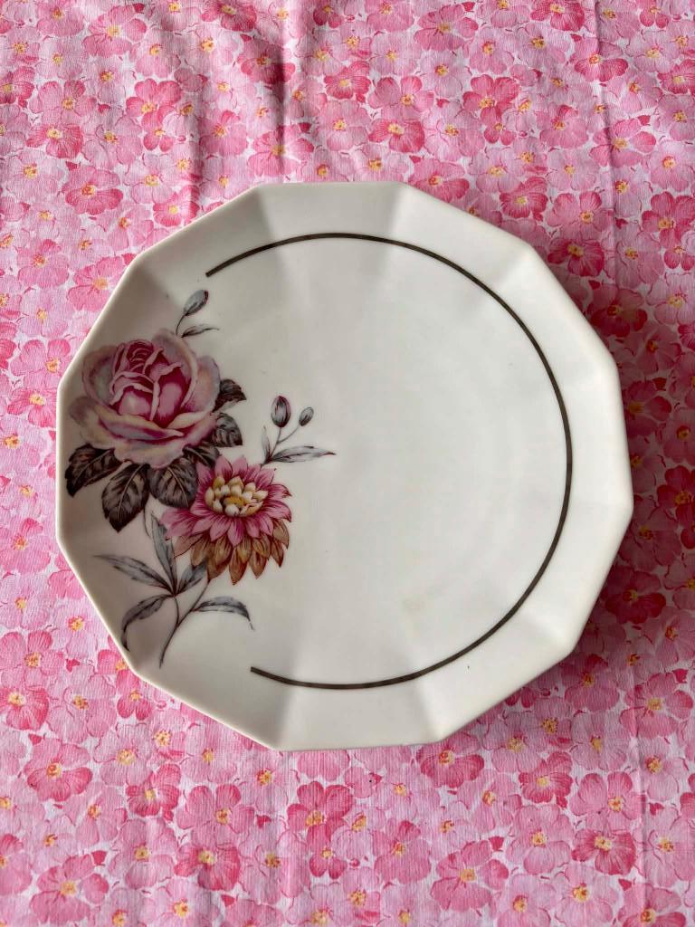 Compotier vintage limosa décor fleur rose et liseré argenté, Antiquités & Art, Enlèvement ou Envoi