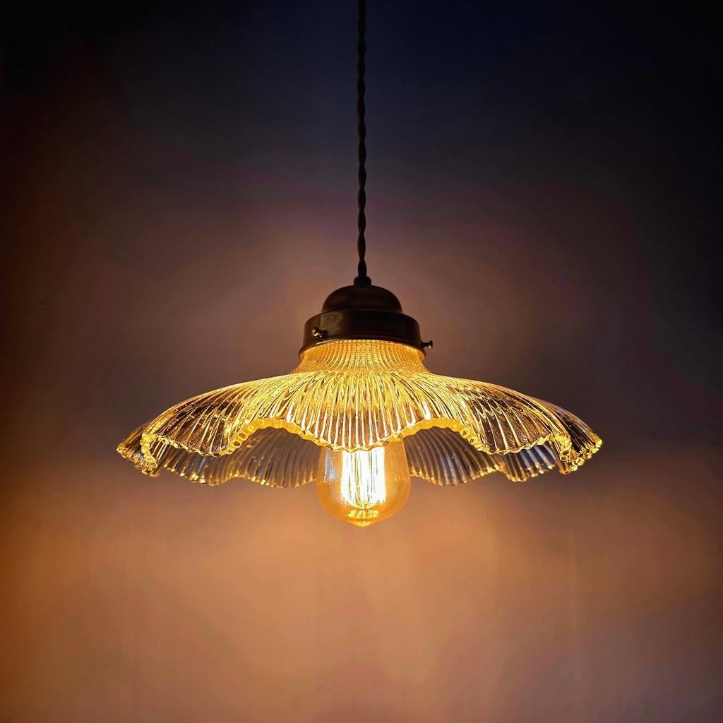Vintage XL Holophane glazen hanglamp., Antiek en Kunst, Ophalen of Verzenden
