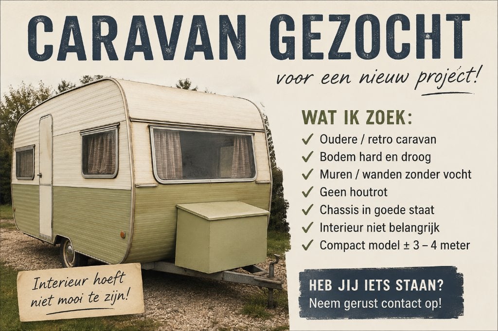 GEZOCHT: oudere caravan – droog & harde bodem, Caravanes & Camping, Particulier, Jusqu'à 4 m