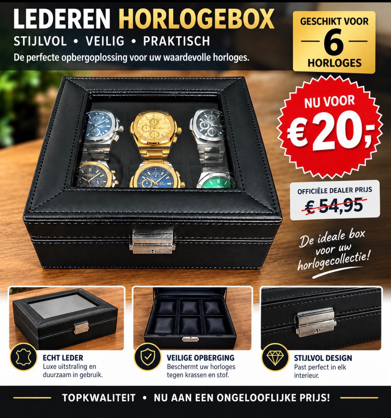 LEDEREN BOX AUROIL VOOR 6 HORLOGES TWV55€! 💯%NIEUW!, Ophalen of Verzenden, Nieuw