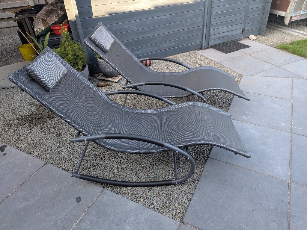 Set van 2 Ergonomische Schommel-Ligbedden, Tuin en Terras, Ophalen, Zo goed als nieuw, Textileen, Verstelbaar