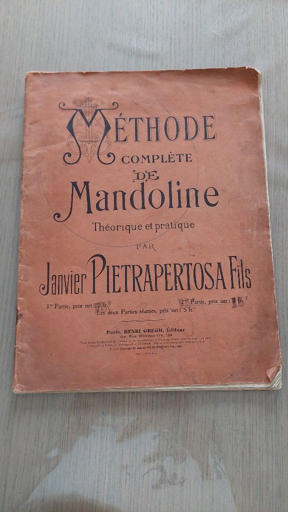 très ancienne partition et méthode de mandoline, Musique & Instruments, Enlèvement
