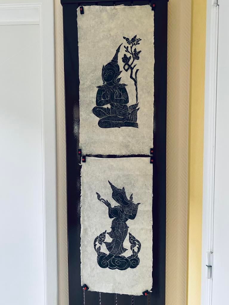 Traditionele rollen Thai Tempel Charcoal Rubbing, Huis en Inrichting, Oosters, Zwart, Papier/karton, Decoratieobject