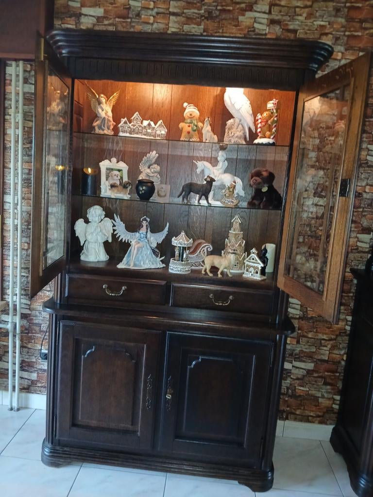Donker eiken vitrinekast met verlichting, Antiek en Kunst, Ophalen