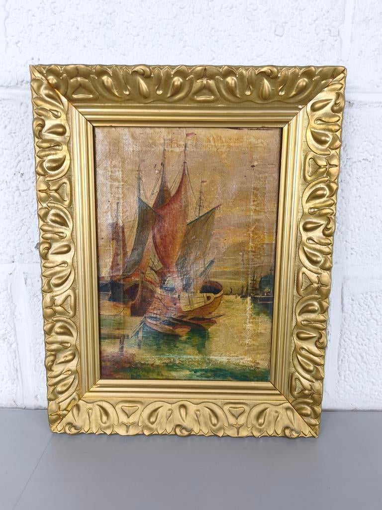 J. Gregoire - antiek schilderijtje schepen - 1914, Antiek en Kunst, Ophalen