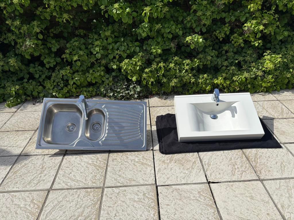 Inox spoelbak & badkamer lavabo + mengkranen, Doe-het-zelf en Bouw, Ophalen, Gebruikt, Inox, Wastafel