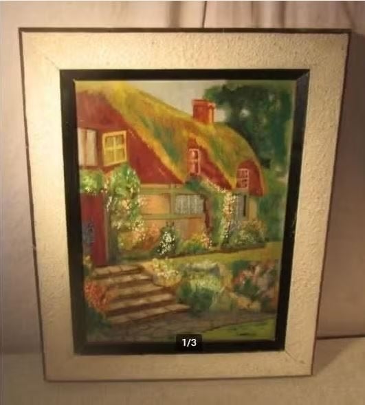 Belle œuvre peinte ancienne « La maison en pain d'épice », Enlèvement ou Envoi, Panneau, Paysage, Signé