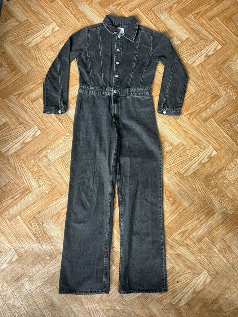 Lange jeansjumpsuit van Zara, wijd uitlopende broekspijpen, Kleding | Dames, Jumpsuits, Zo goed als nieuw, Maat 42/44 (L), Grijs