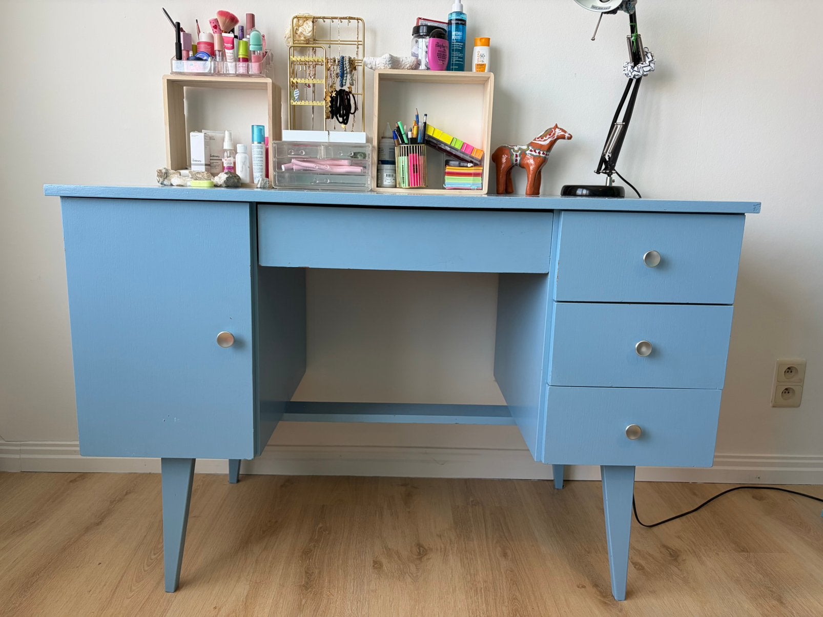 Kinderbureau, Bureau d'écolier, 120 cm, Bleu, Vintage