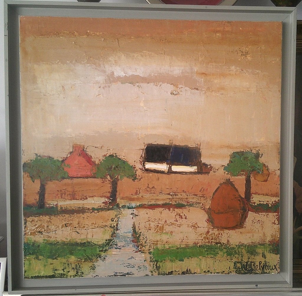 Fermes dans le paysage 1997 - Jacques Delvaux 1929-2010, Œuvre originale, Peinture à l'huile, Paysage, Expressionniste