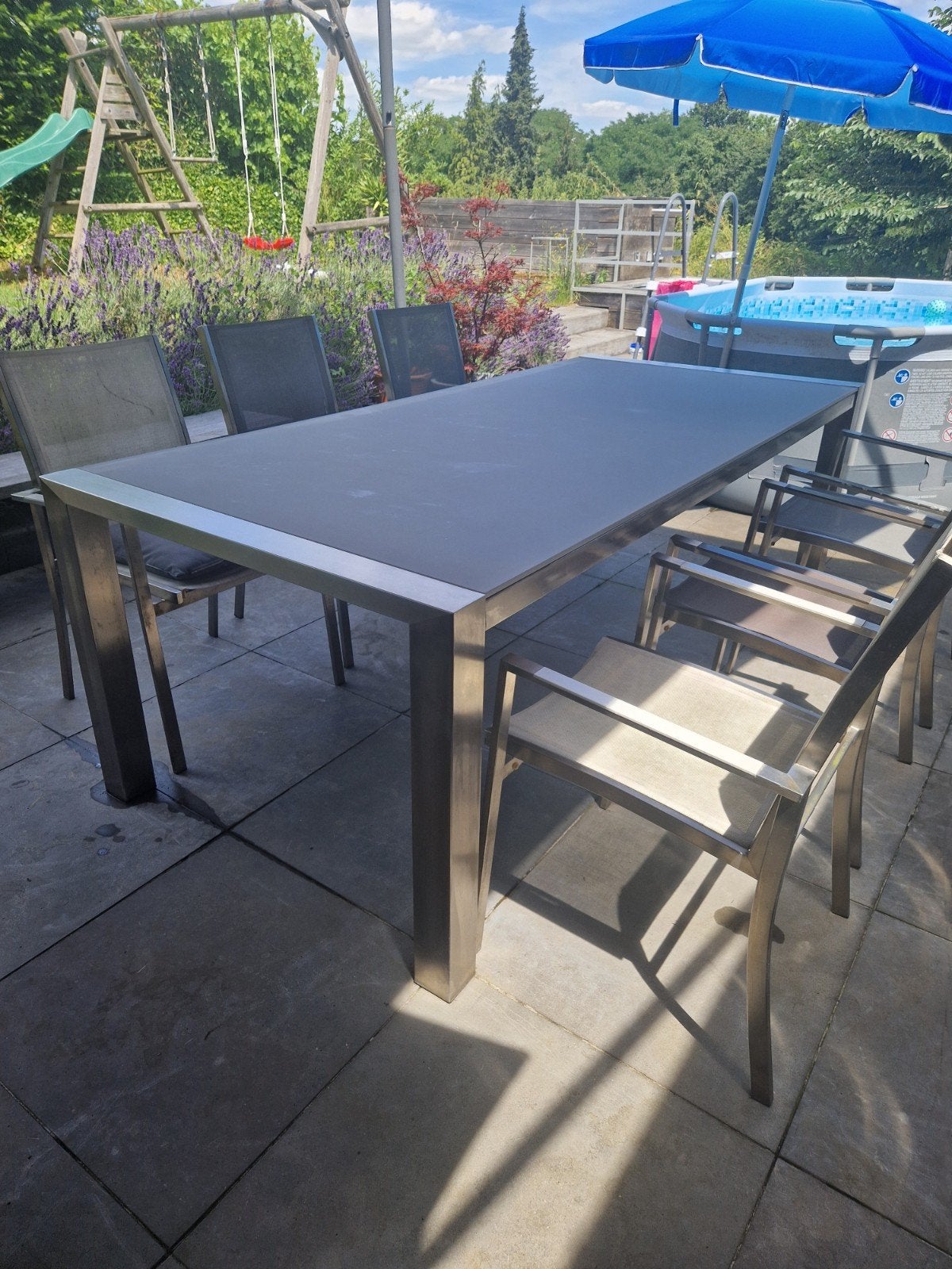 Terrastafel inox met 6 stoelen, Tuin en Terras, Tuintafels, Ophalen, Rvs