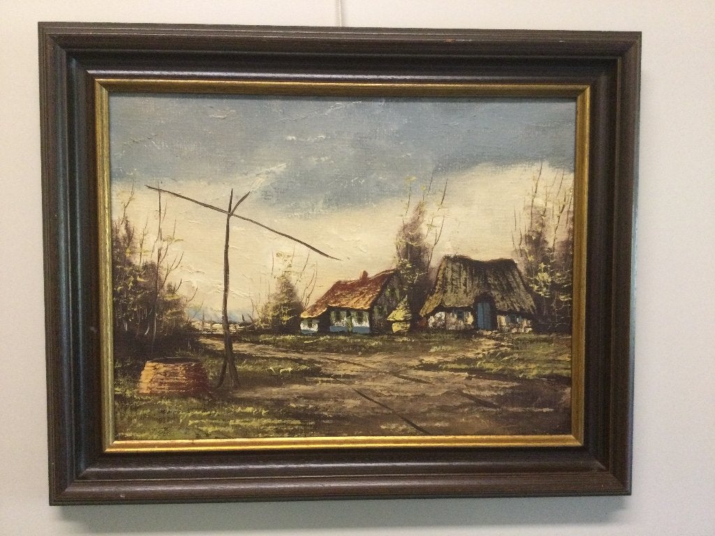 Vintage olieverf op doek .landschap met boerderij, Antiek en Kunst, Olieverf, Vintage, Doek, Verzenden
