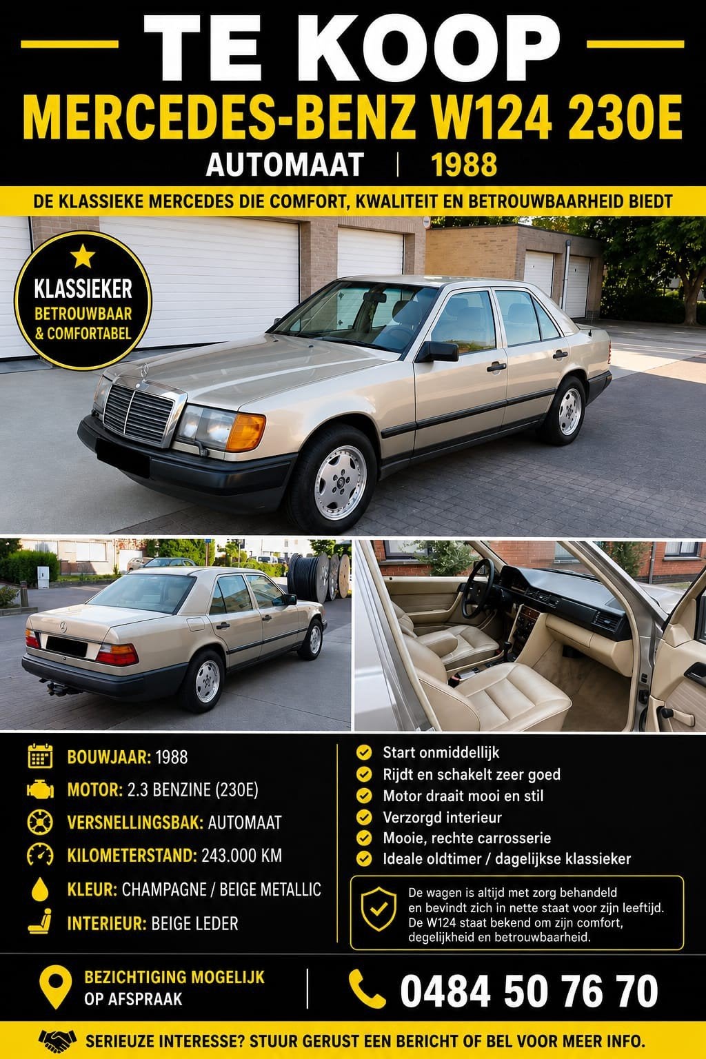 À vendre : Mercedes-Benz W124 230E Automatic (1988), Autos, Oldtimers & Ancêtres, Particulier, ABS, Airbags, Intérieur cuir, Jantes en alliage léger