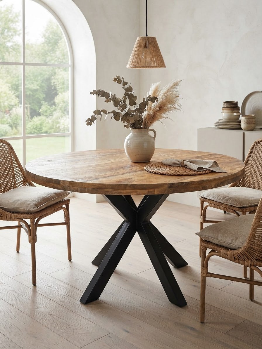 Grande table à manger ronde – bois de manguier, 150 cm, Enlèvement ou Envoi, Comme neuf