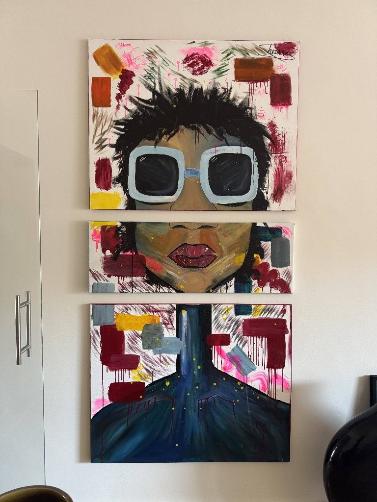 Uniek handgeschilderd drieluik-one of a kind-Deens kunstwerk, Antiek en Kunst, Ophalen, Handgeschilderd, Acrylverf, Portret