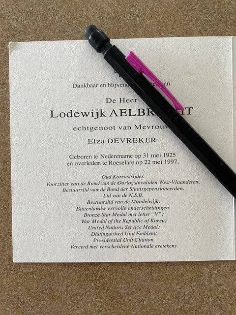 VÉTÉRAN GUERRE DE CORÉE M. Lodewijk AELBRECHT +Roeselare, Enlèvement ou Envoi, Image pieuse