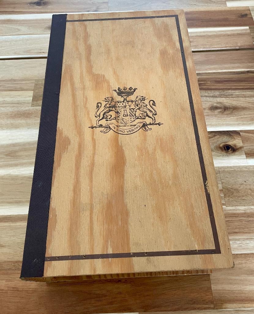 In Vino Veritas vintage houten wijnkist met 2 flessen, Ophalen of Verzenden, Gebruikt, Hout
