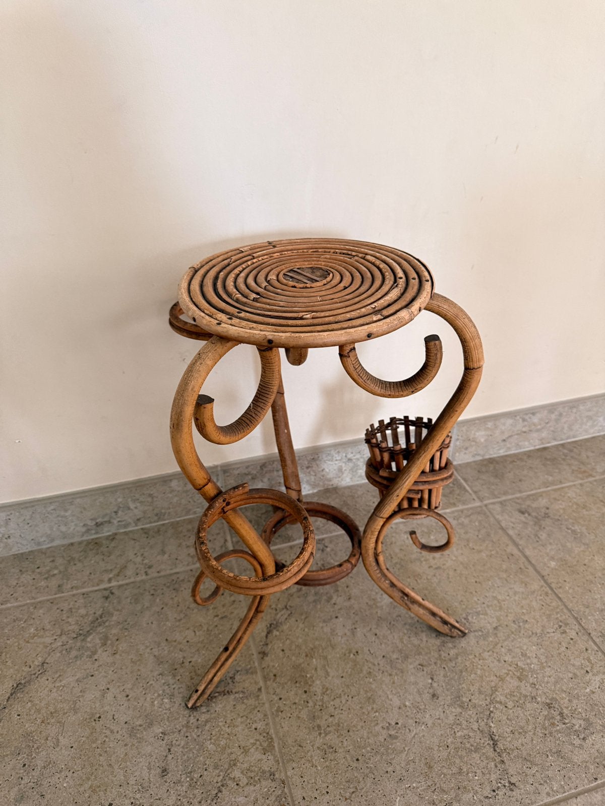 Rotan bamboe plantenstaander bijzettafeltje vintage, Antiek en Kunst, Ophalen