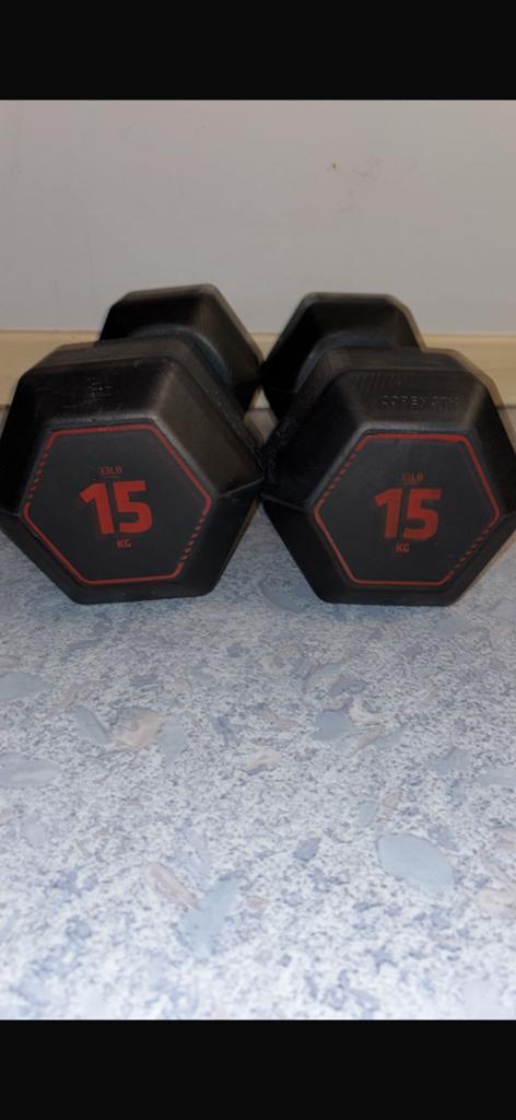 Hexa dumbells 15 kg. X2, Enlèvement, Comme neuf, Haltère