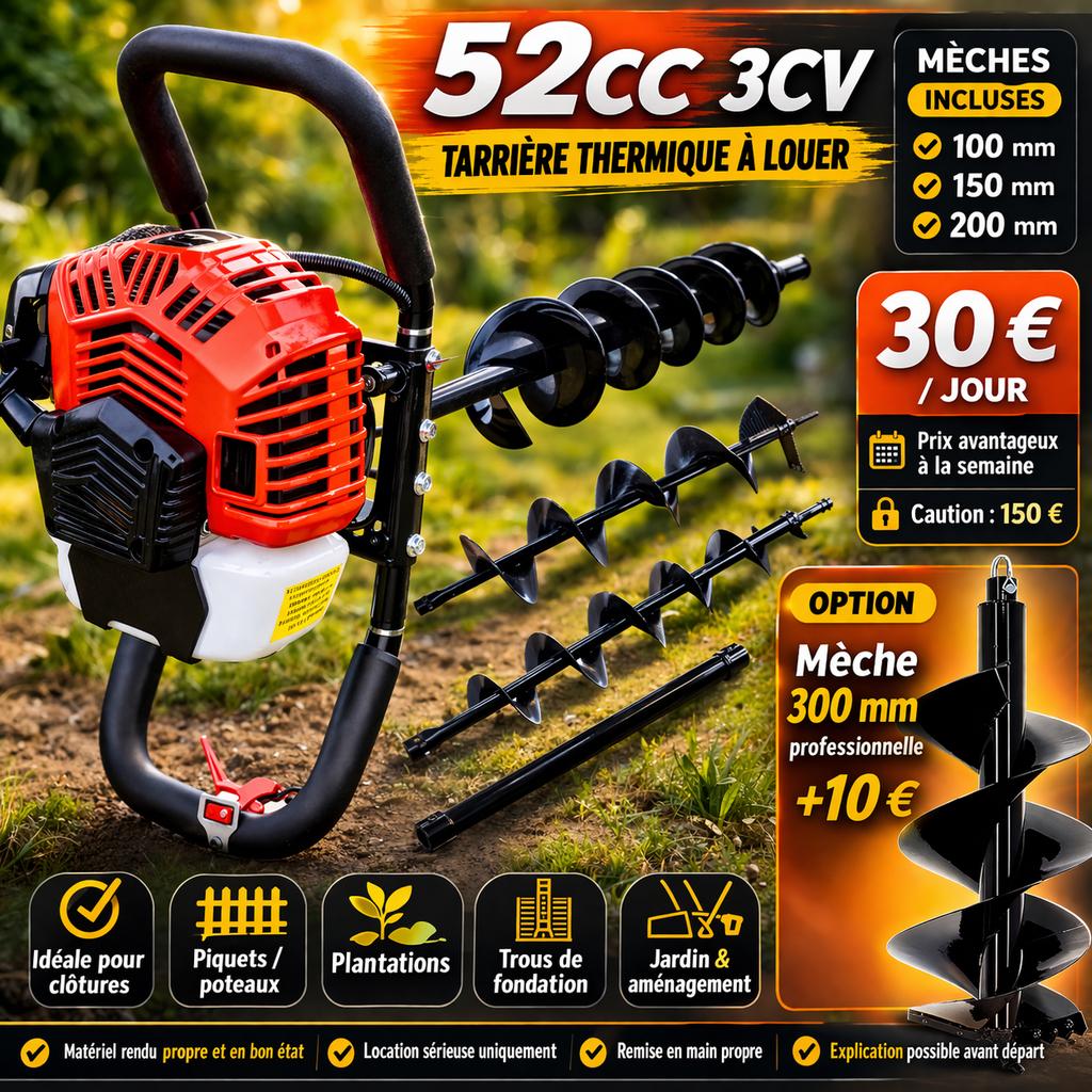 Location tarrière thermique 52cc 30€/jour 3 mèches incluses, Enlèvement, Autres types