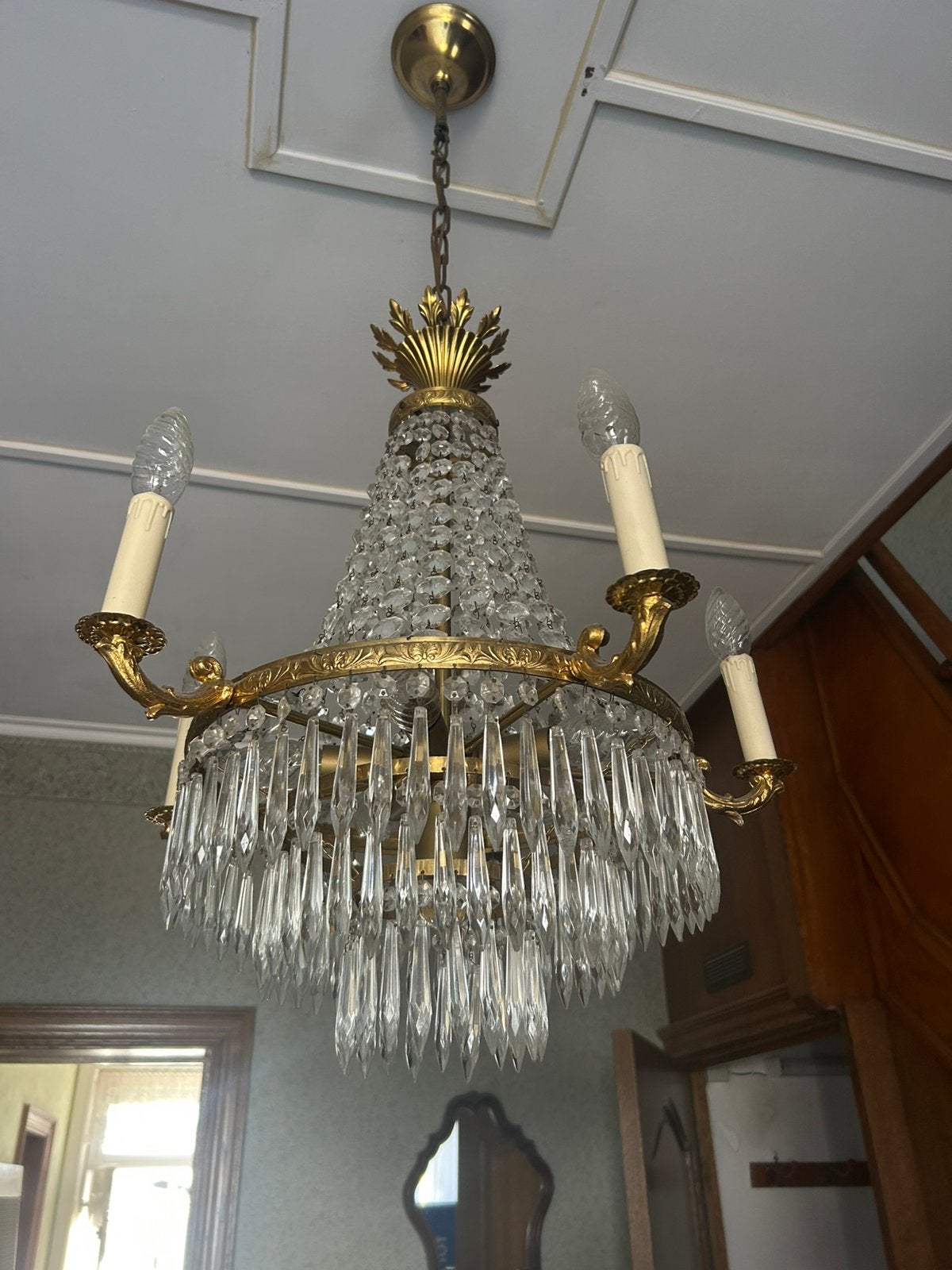 Vintage Empire Zakkroonluchter Messing & Kristal, Ophalen, Zo goed als nieuw