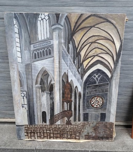 Huile sur toile interieur eglise signe albert servaes, Antiquités & Art, Art | Peinture | Classique, Enlèvement ou Envoi, Expressionniste