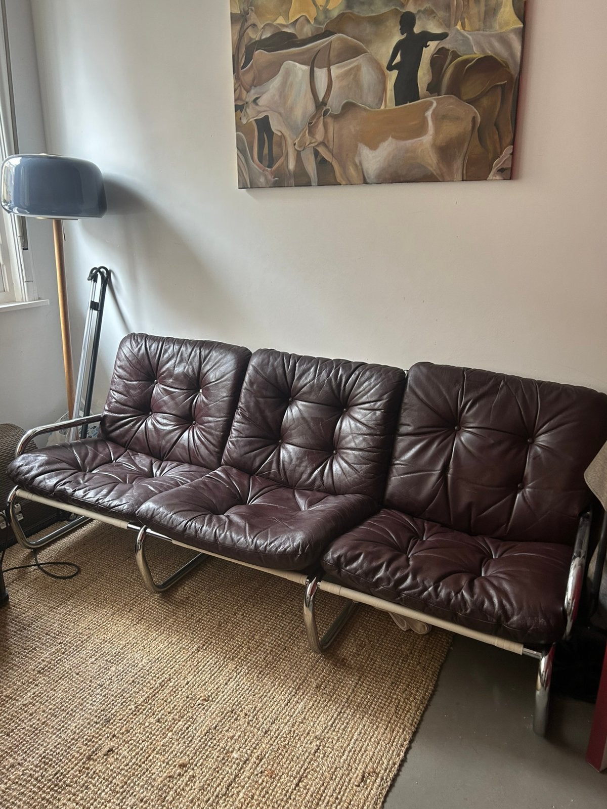 Vintage zetel leder jaren 70, Huis en Inrichting, Ophalen, Gebruikt, Minder dan 75 cm, 150 tot 200 cm