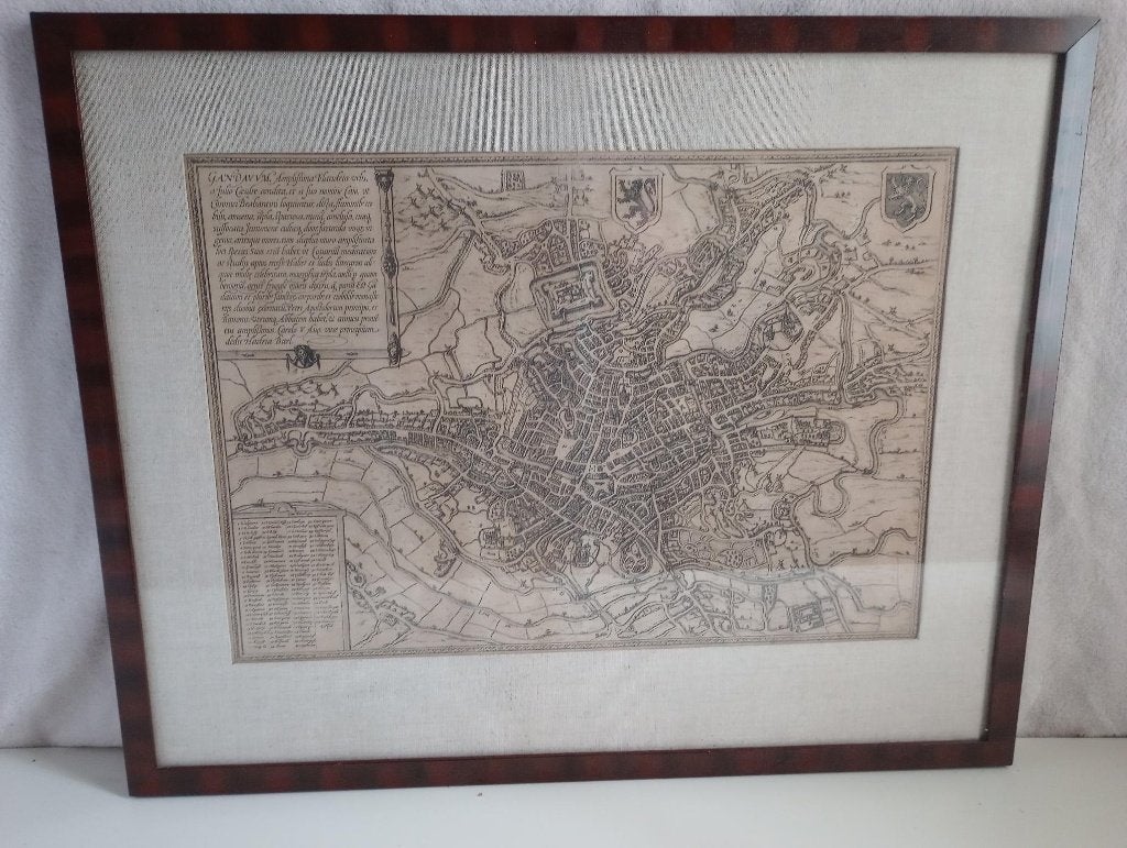 Oude, antieke vogelperspectiefplattegrond van Gent, Ets, Cartografie, Ophalen of Verzenden, 34 cm