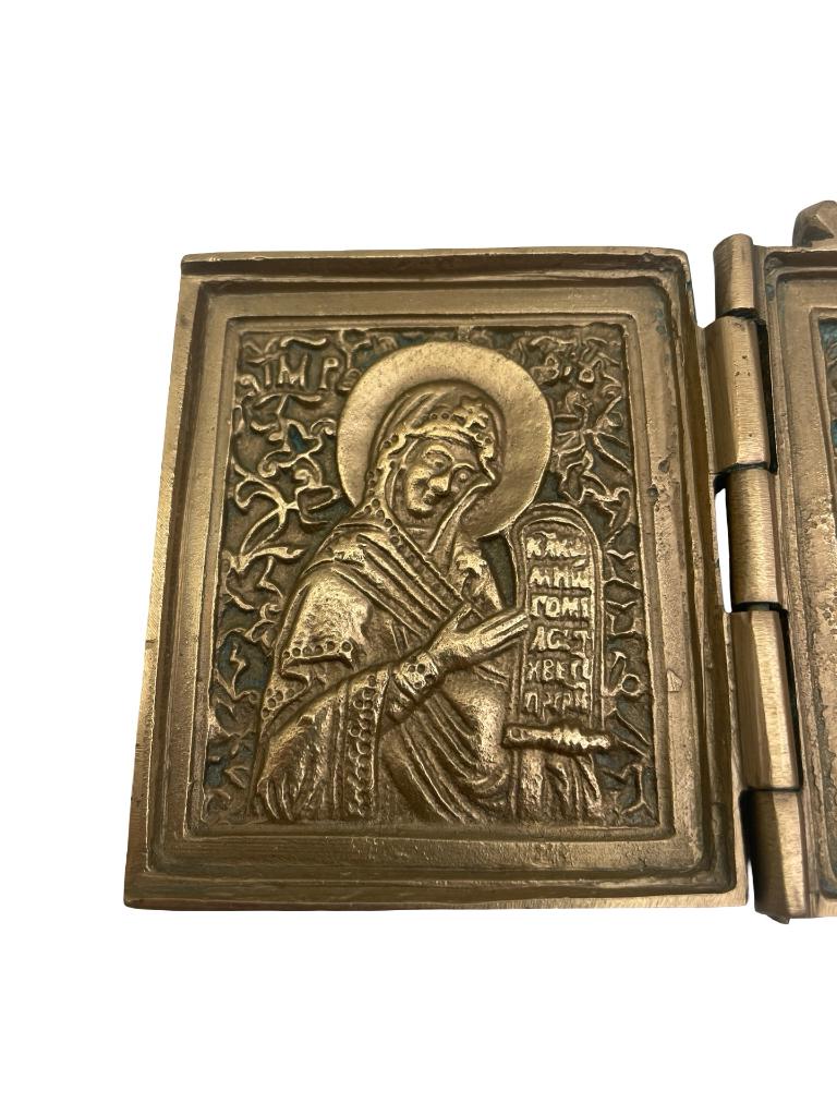 Russisch koperen drieluik icoon — Christus de Maagd Sint Jan, Antiek en Kunst, Antiek | Religieuze voorwerpen, Ophalen of Verzenden