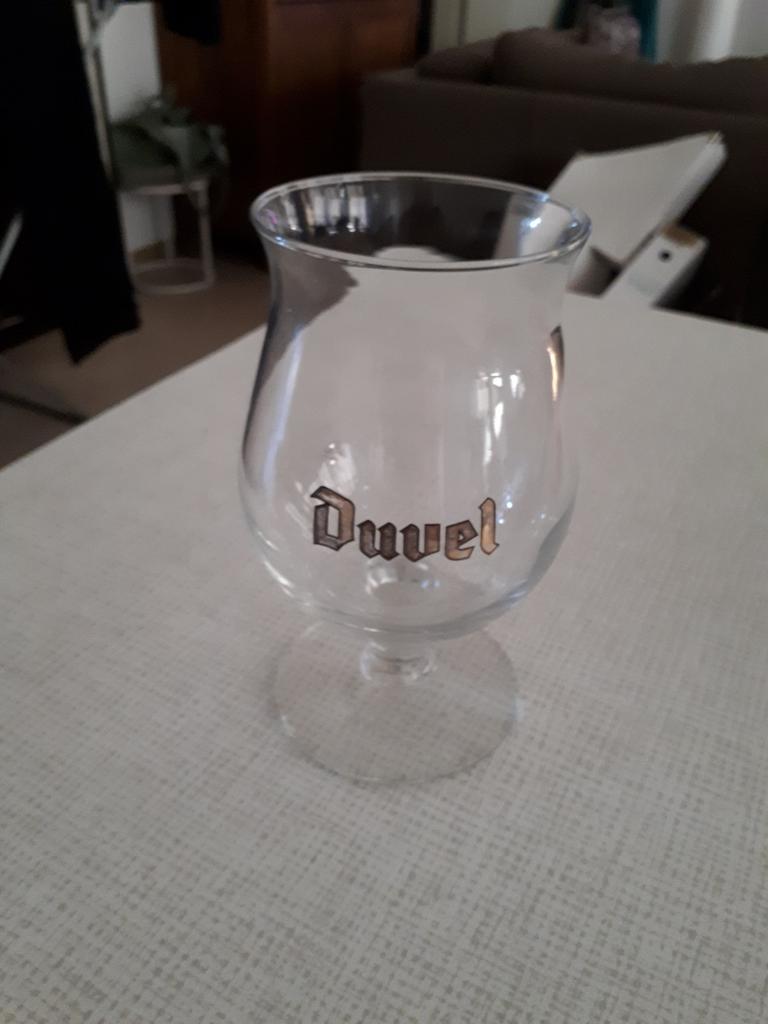 Oud Duvel glas, goud met zwart omrand., Ophalen of Verzenden, Zo goed als nieuw
