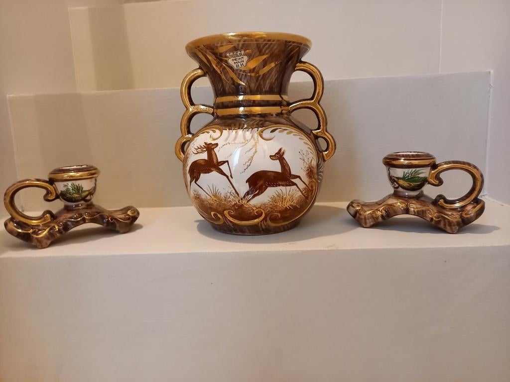 Handbeschilderde vaas en twee kaarsenhouders Castel Or., Antiek en Kunst, Ophalen