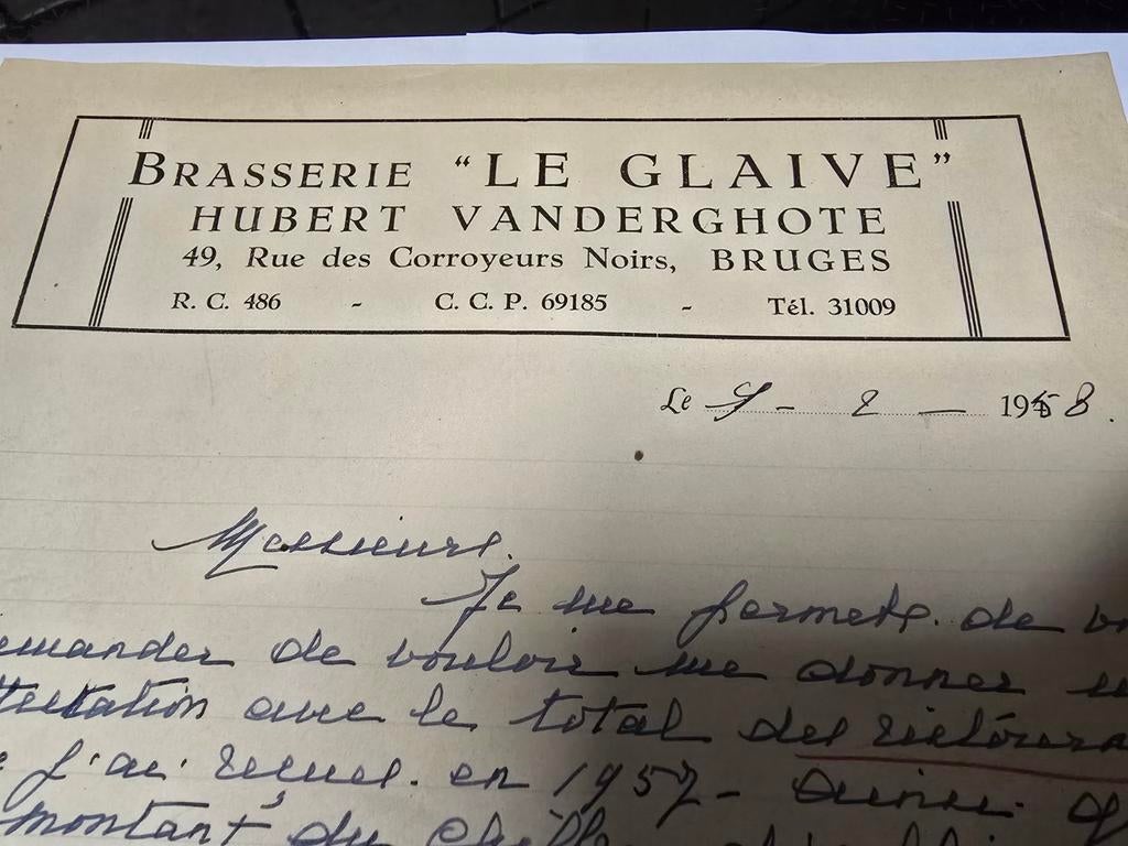 Oude brief, BRASSERIE LE GLAIVE VANDERGHOTE BRUGES ´58, Enlèvement ou Envoi